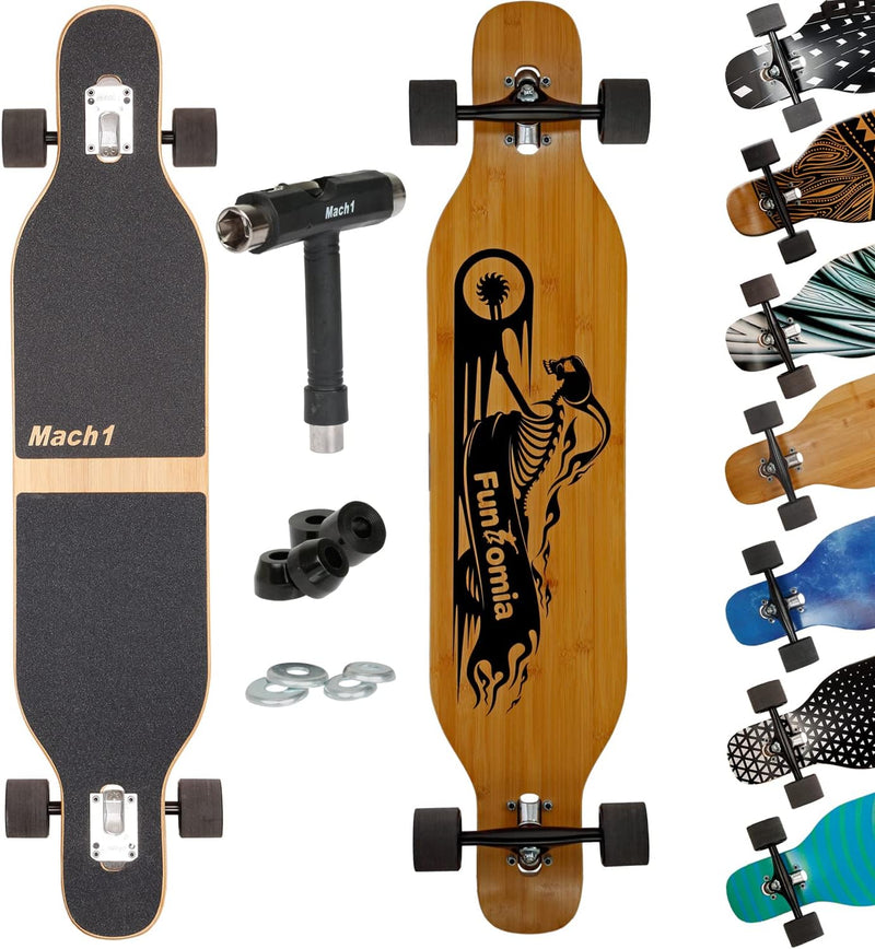 Mach1 Bambus Longboard mit Keramik Kugellager + T-Tool - Skateboard Drop Through Cruiser Komplettboa
