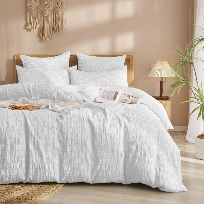 Luofanfei Seersucker Bettwäsche 135x200 Weiss Sommer Uni Weiss Wende Bettwäsche Set Microfaser Atmun