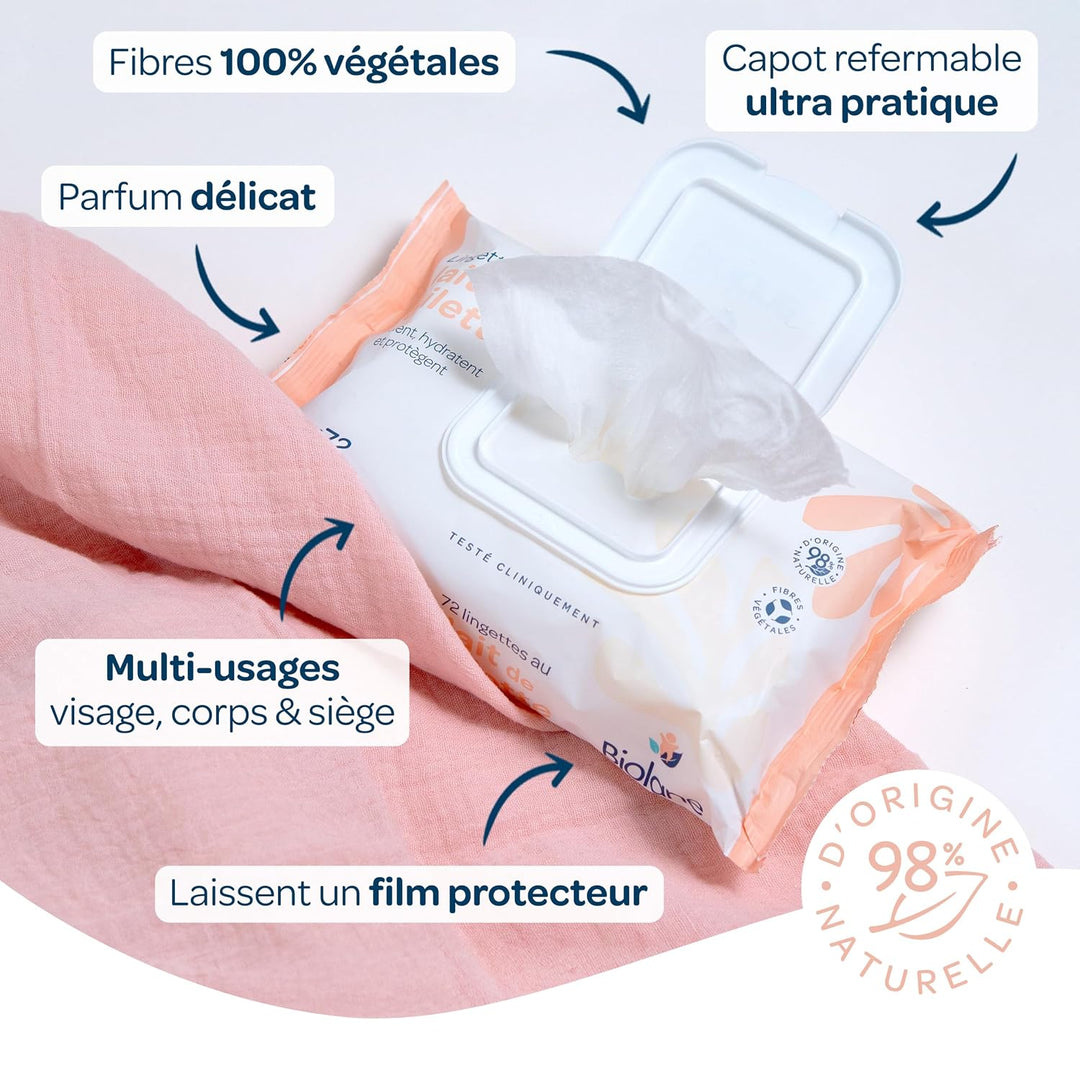 BIOLANE - 12 Packungen – Babytücher mit Toilettenmilch – Baby – 864 Babytücher – reinigt und spendet