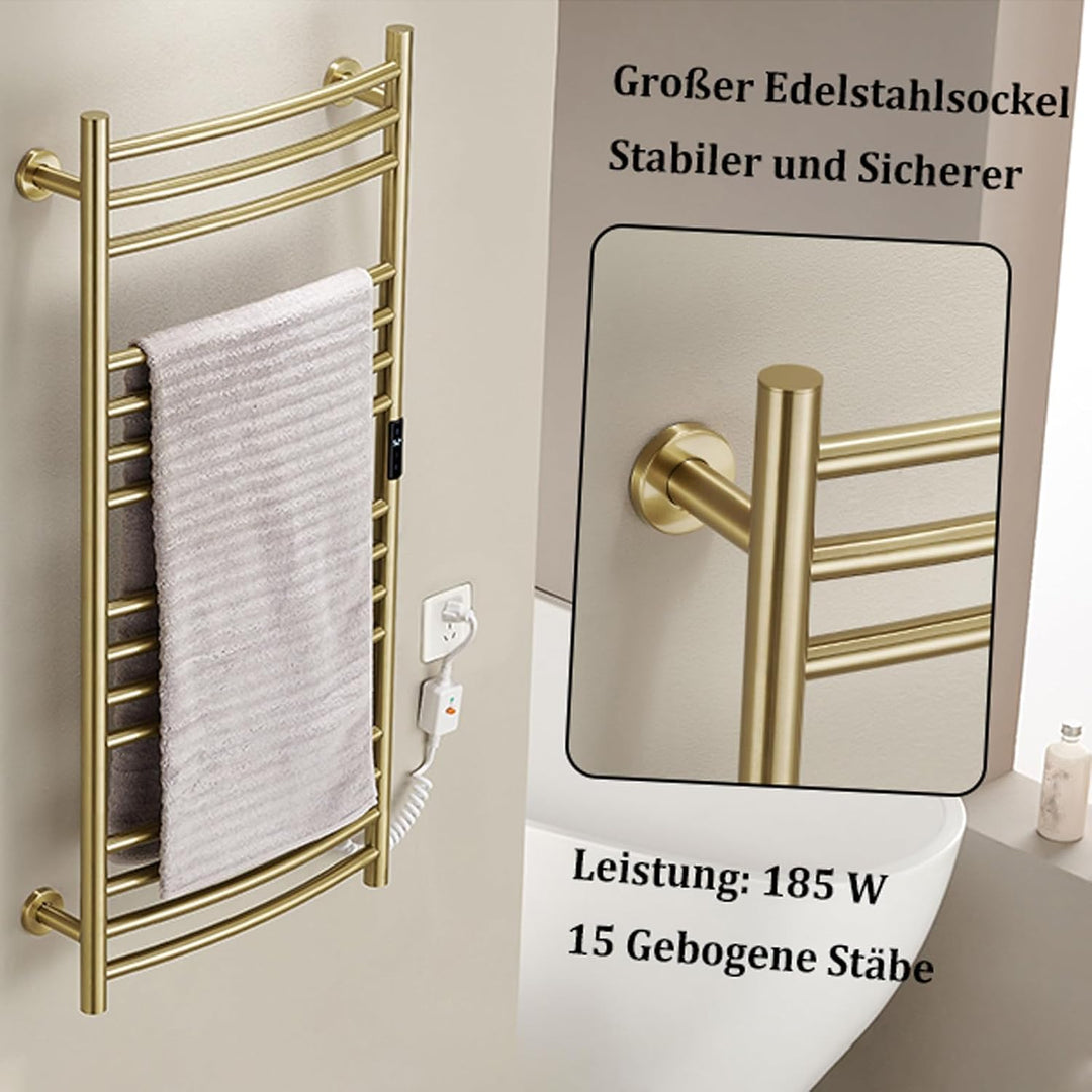 Badheizkörper Elektrisch Gebürstetes Gold, Handtuchheizkörper Elektrisch 185W WiFi, Bildschirm Handt