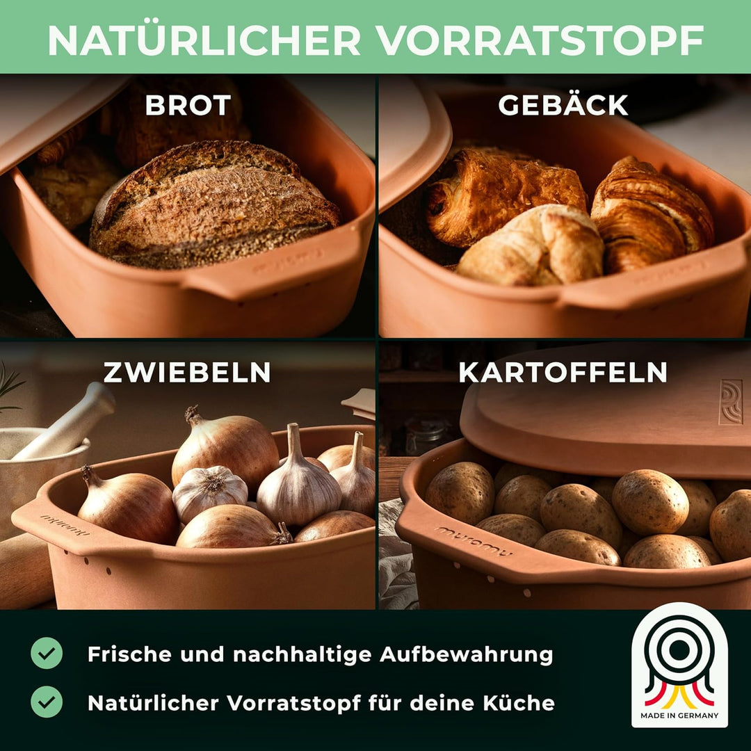 myromy® Brot-Frische-Topf – moderner Brottopf & Brotkasten aus Keramik Natur-Ton - atmungsaktiv & ge
