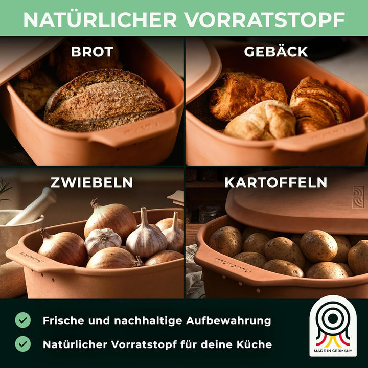 myromy® Brot-Frische-Topf – moderner Brottopf & Brotkasten aus Keramik Natur-Ton - atmungsaktiv & ge