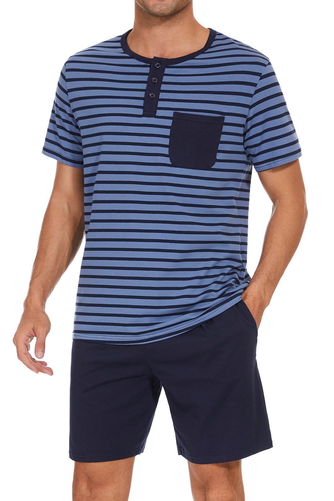 Schlafanzug Herren Kurz aus Baumwolle mit Kontraststreifen Design, Sommer Pyjama Set Oberteile und K