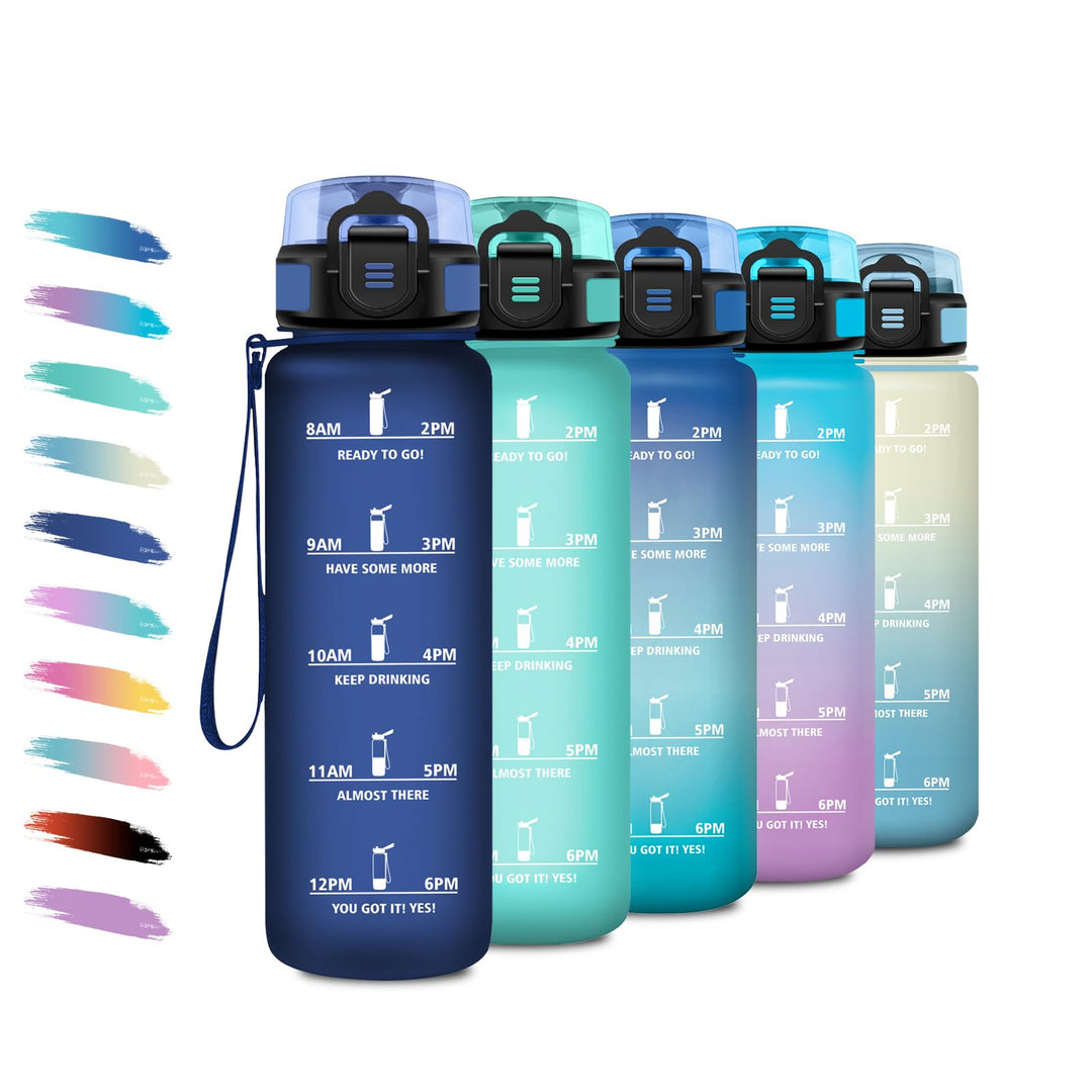 Sportflasche 1L, Auslaufsicher Wasserflasche Kohlensäure Geeignet, Trinkflasche mit Zeitmarkierung,