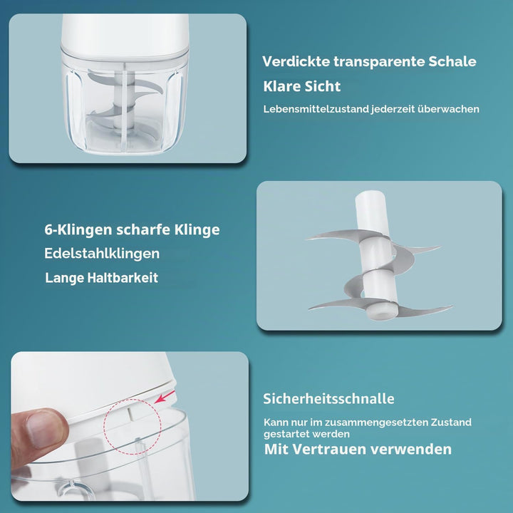 Elektrisch Zerkleinerer Küche Akku wiederaufladbar, 250ML Mini Knoblauchhacker Gemüsezerkleinerer El