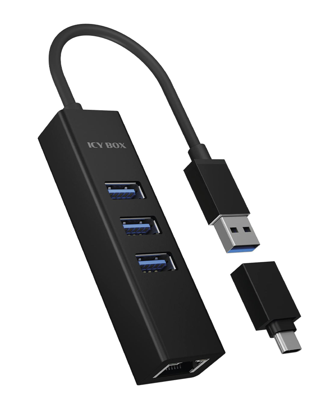 ICY BOX IB-HUB1419-LAN Aluminium USB HUB mit 3 USB 3.0 Ports und RJ45 Gigabit Ethernet Netzwerkadapt