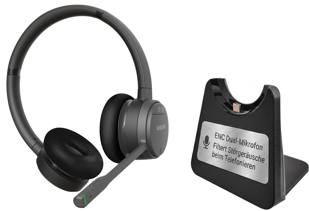 GEQUDIO GC-4 Premium Edition DECT &amp; Bluetooth Headset für FritzBox GC-4 ANC/ENC (2-Ohr) &amp; Ladeschale