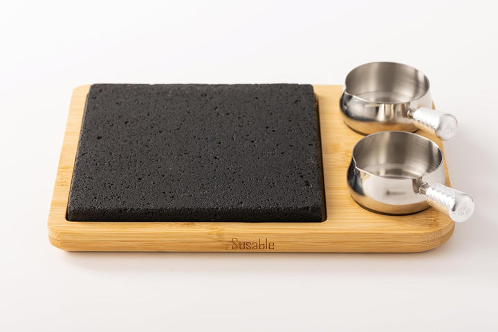 Lavastein Steak-BBQ Servierbrett Set,Hot Stone Steingrill Set aus Bambusbrett Lavastone,Grillen auf