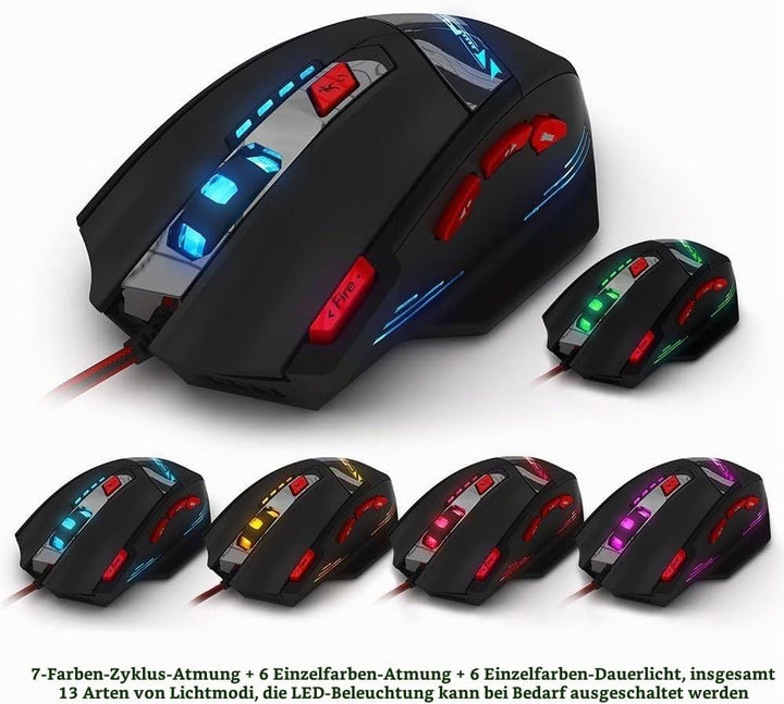 zelotes Kabelgebundene Gaming Maus mit 9200 DPI,8 programmierbarem Tasten,Verstellbarem Gewicht,RGB-