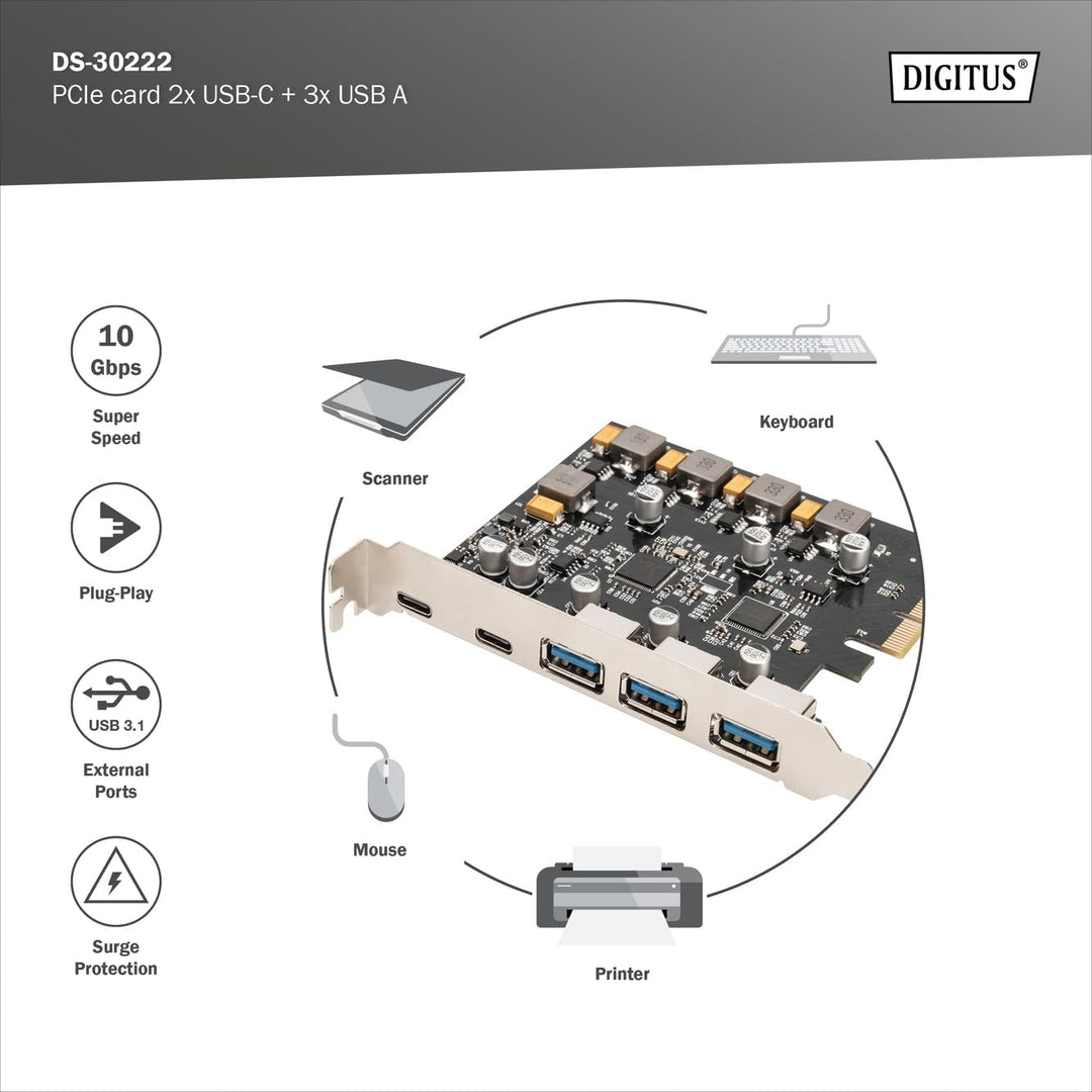 DIGITUS PCIe Karte 2X USB-C, 3X USB A