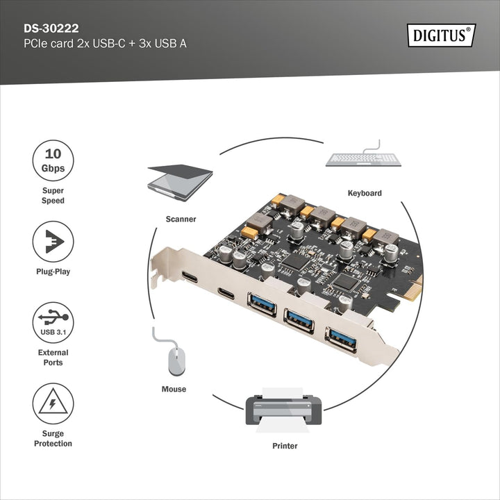 DIGITUS PCIe Karte 2X USB-C, 3X USB A