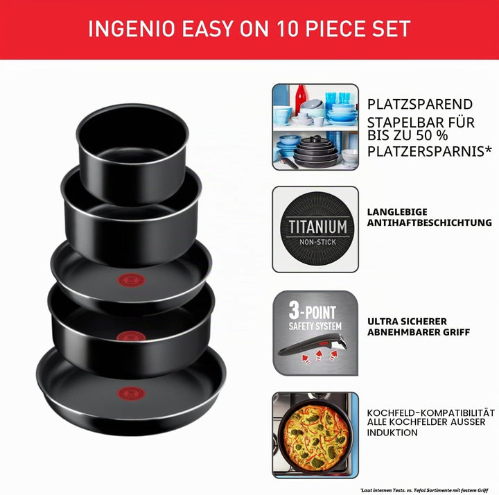 Tefal Ingenio Easy ON Töpfe &amp; Pfannen-Set, 10-teilig, stapelbar, abnehmbarer Griff, platzsparend, an