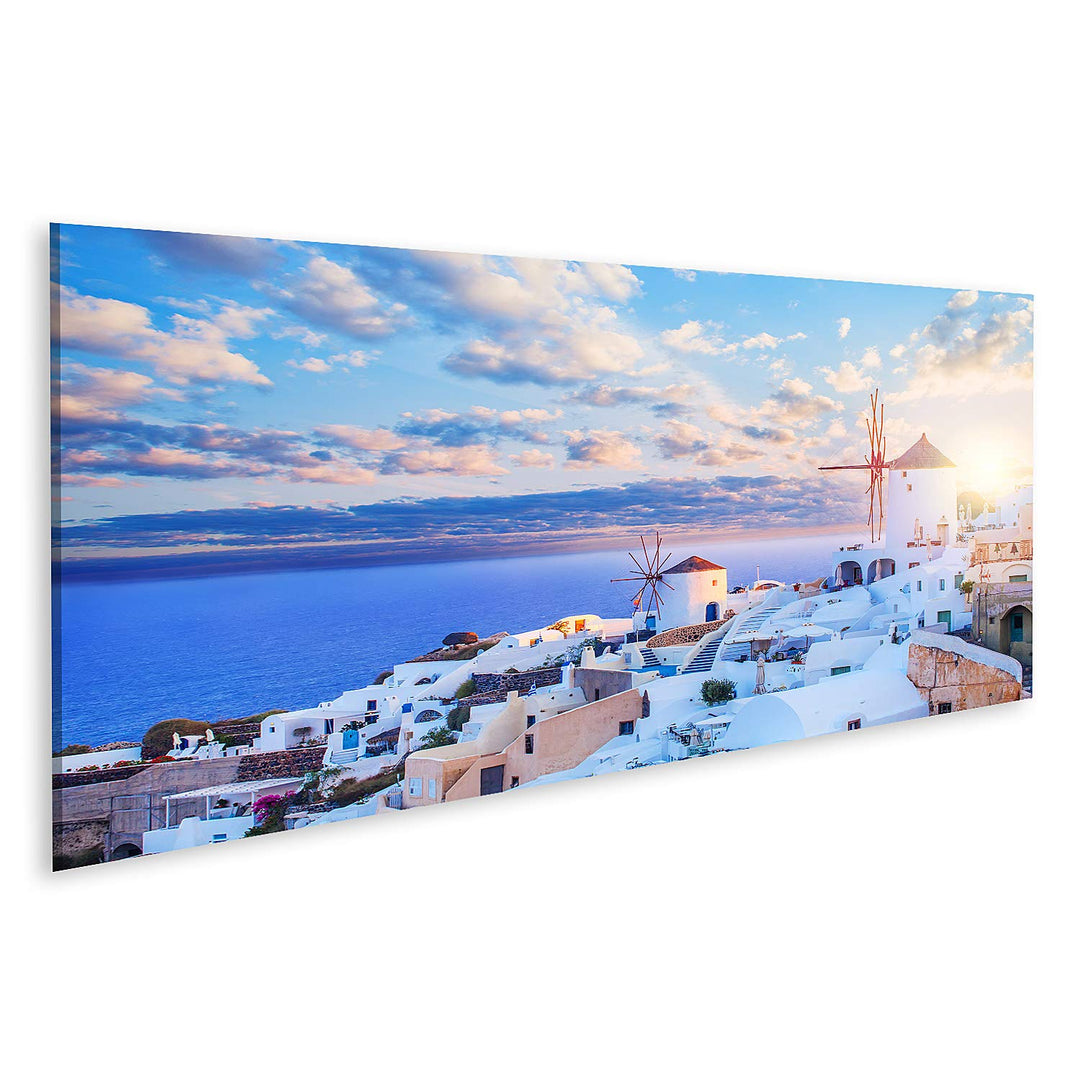 islandburner Bild auf Leinwand Santorini Skyline Blauer Himmel Wolken Oia Stadt Griechenland Wahrzei