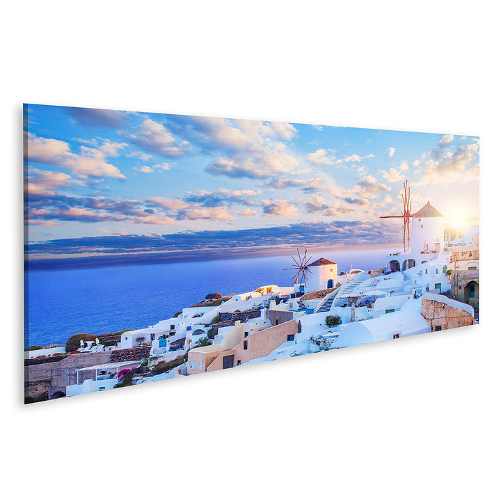islandburner Bild auf Leinwand Santorini Skyline Blauer Himmel Wolken Oia Stadt Griechenland Wahrzei