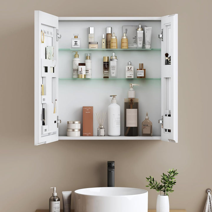 EMKE Spiegelschrank Bad 60×65×14,5 cm aus Aluminium, Weiss Matt, Doppeltür mit Aufbewahrung, 2 verst