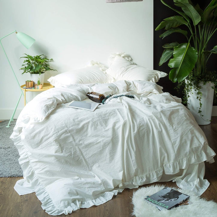 Lanqinglv Bettwäsche 155x220cm Weiss Weiss mit Rüschen,aus 100% Weiche Microfaser - Unifarben Bettbe