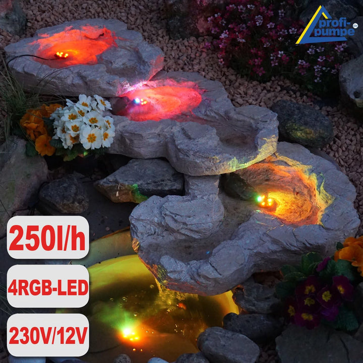 AMUR Gartenbrunnen Brunnen Bachlauf Quellbach II mit Led-Licht, 230v Zierbrunnen Vogelbad Wasserfall