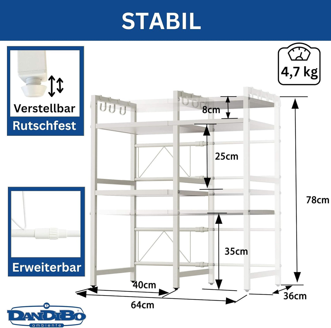 DanDiBo Verstellbares Küchenregal Weiss für Arbeitsplatte Stehend 3 Stufig 40-64 cm Regal Küche 9668
