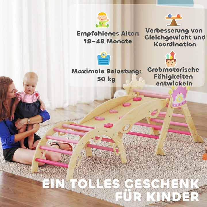 AIYAPLAY 8-in-1 Montessori Klettergerüst Indoor Holz Kletterdreieck mit Kletterbogen, Rutsche, Krone