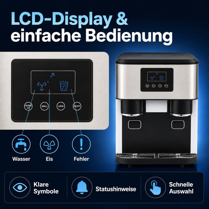 3-in-1 Eismaschine Wasserspender Eiswürfel &amp; Eiscrusher LCD 7-9 Min 16 Eis | 16 Kugel-Eis pro Zyklus