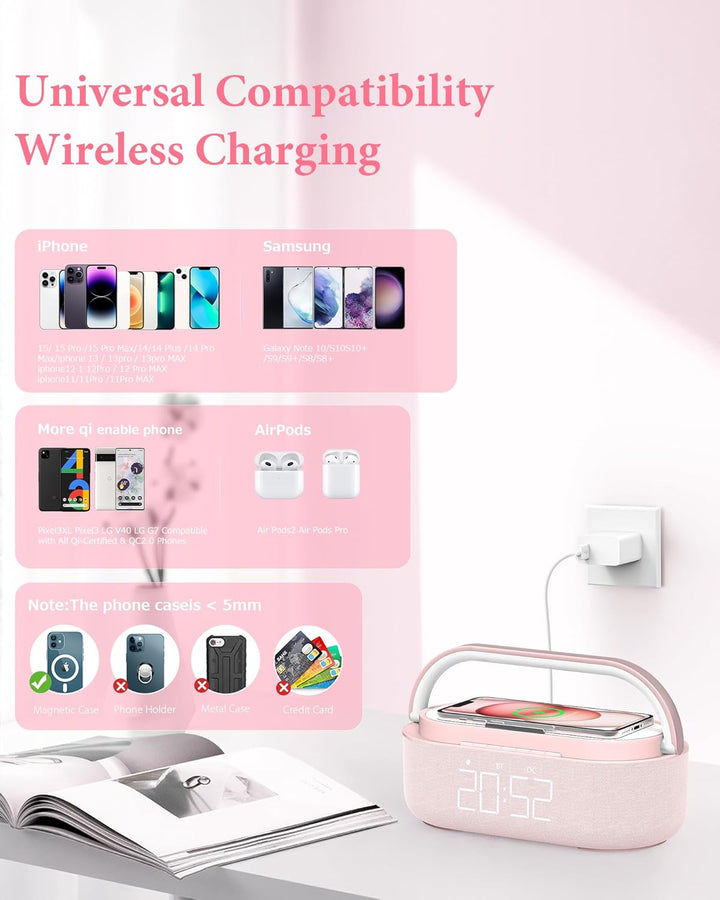 COLSUR Radiowecker Digital mit Wireless Charger, Bluetooth Lautsprecher mit USB-Ladegerät, Smart Wec