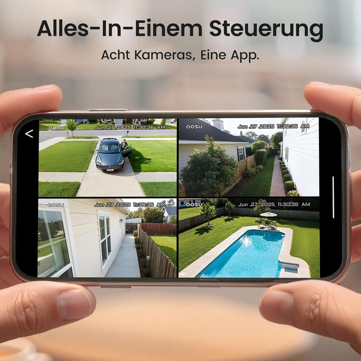 aosu 3K Überwachungskamera Aussen Solar Akku, 8 Cam-Kit & aosuCortex, Kein ABO, 5MP UHD, 32GB Lokal