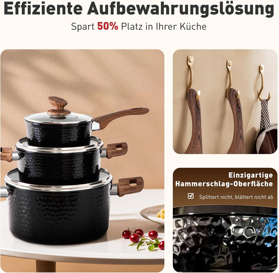 Kitchen Academy Topfset Antihaft mit Glasdeckeln Töpfe Set Pfannenset Granit Beschichteter Topf Indu
