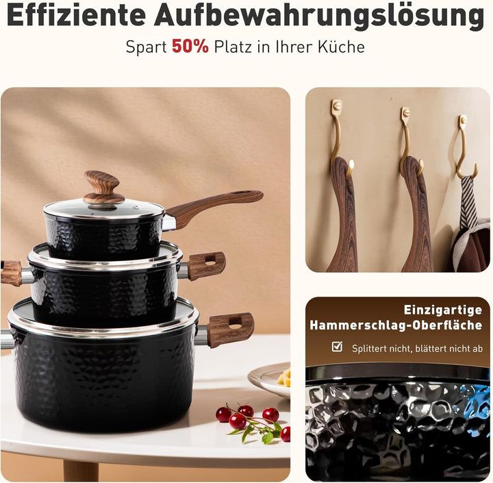 Kitchen Academy Topfset Antihaft mit Glasdeckeln Töpfe Set Pfannenset Granit Beschichteter Topf Indu