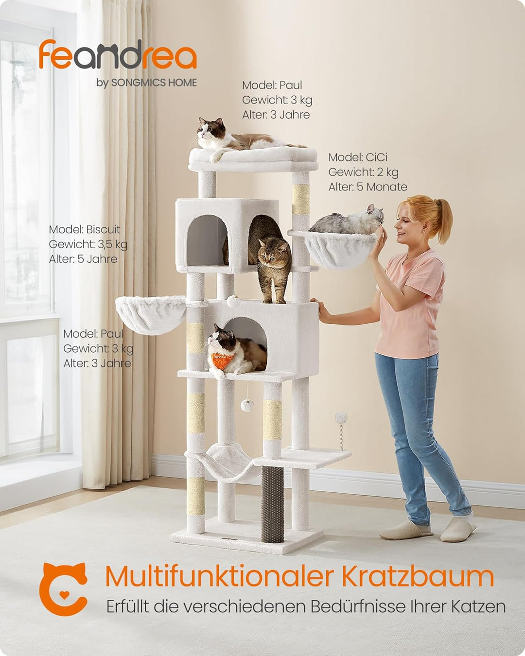 Feandrea Kratzbaum, 175 cm hoch, XL, mehrstöckiger Katzenbaum mit 2 Höhlen, 2 Liegemulden, 5 Kratzsä