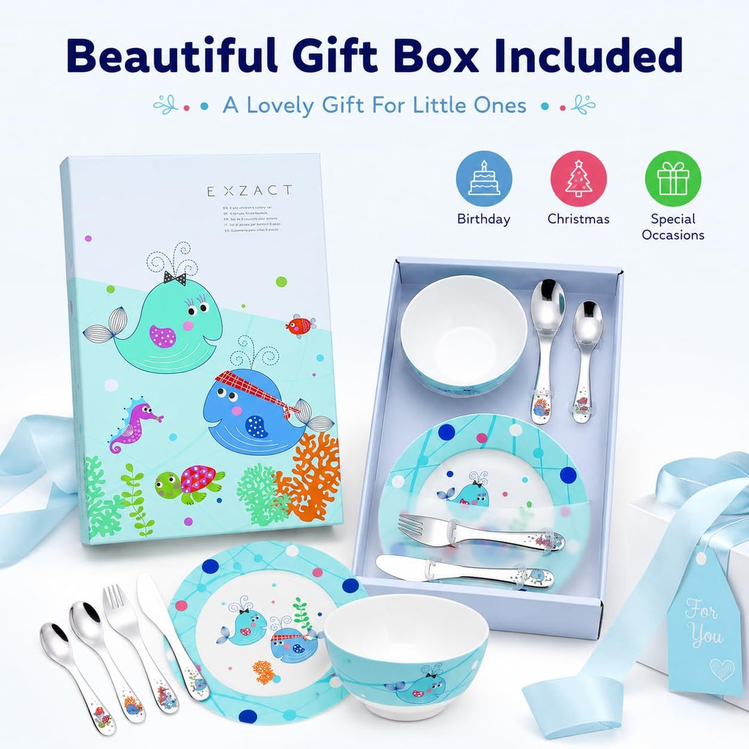 Exzact Besteck Geschenkset 6 Stücken aus Edelstahl/Kindergeschirr - 1 x Schale, 1 x Teller, 1 x Tafe