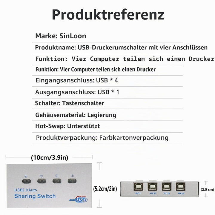 SinLoon Drucker-Splitter, USB-Drucker Sharing Switch, 4 Ports, 4 PC Share 1 USB-Gerät, High-Speed Sh