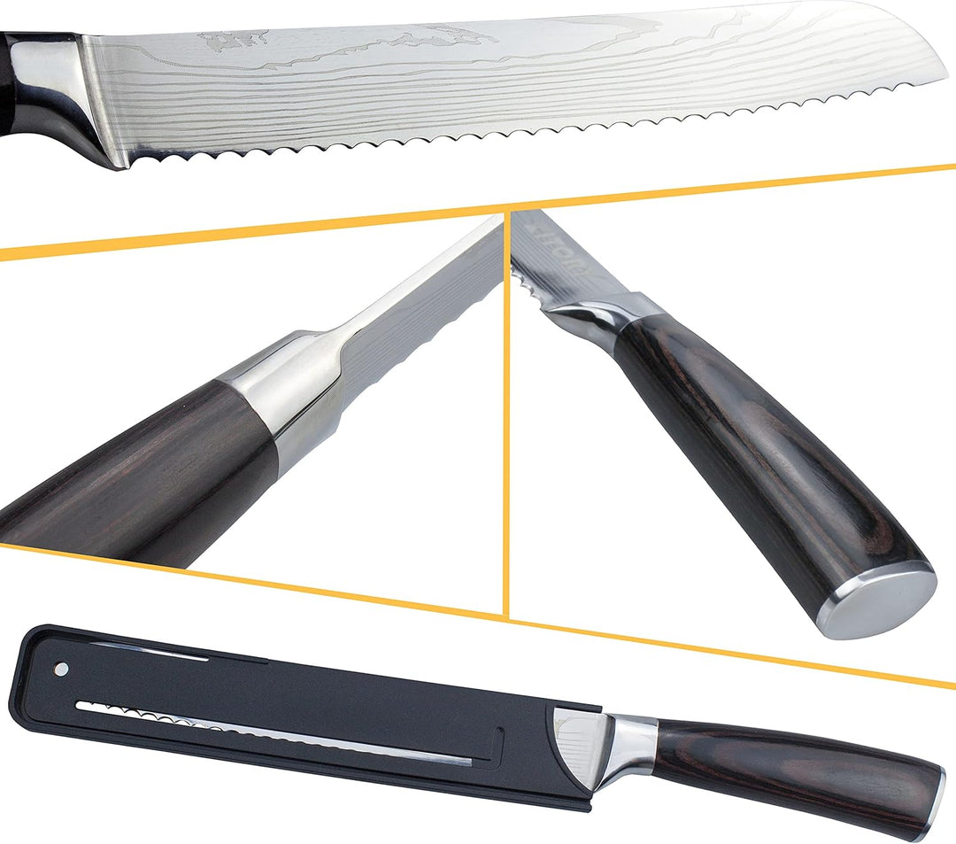 Kitory Brotmesser mit Wellenschliff Klingenlänge 20 cm, Profi Brotmesser mit Klingenschutz, Deutsch
