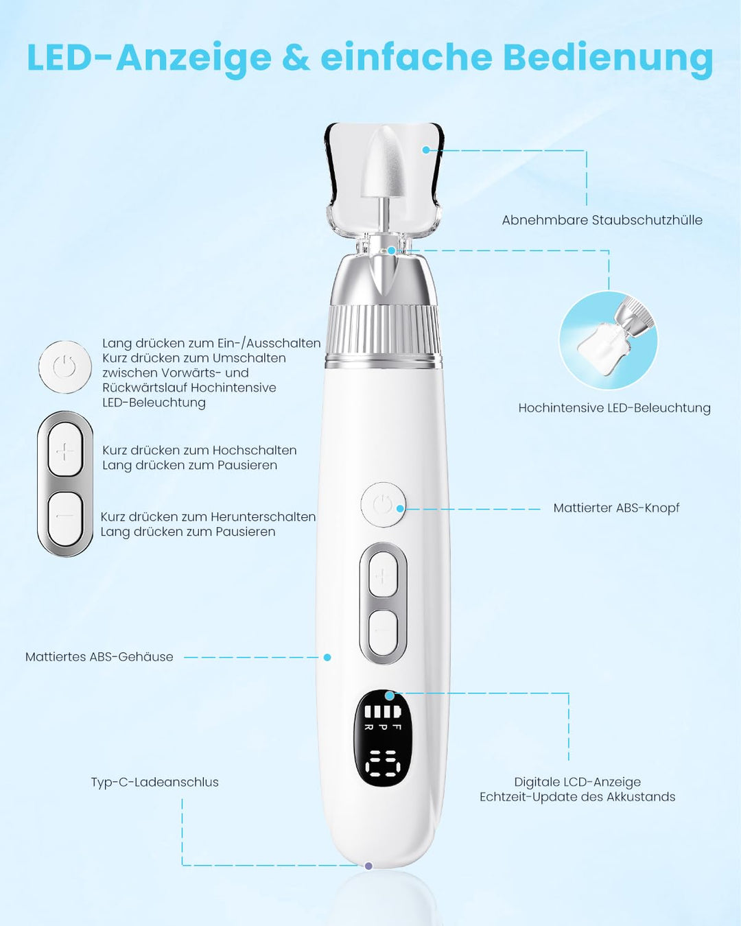 CozyZen Profi-Elektrische Nagelfräse, Akku-Nagelbohrer mit 10 Geschwindigkeiten & LED-Leuchte - Port