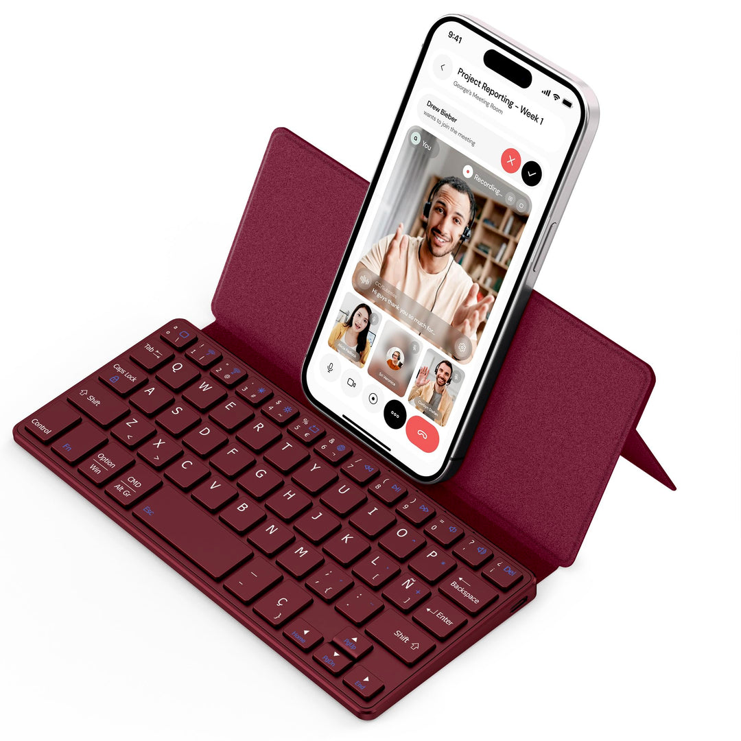 CACOE Bluetooth Tastatur mit Ständer, Mini Tastatur für Handy, Ultraflach, Tragbar, Faltbar, Dual-Ch