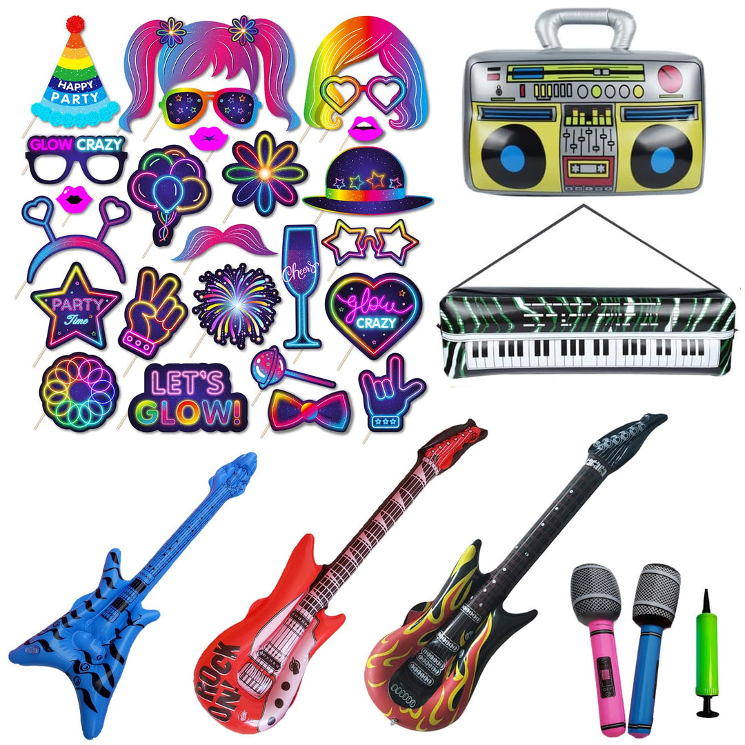 33 Stück Fotobox Accessoires Neon Party Deko mit Aufblasbare Instrumente Set für Geburtstag, Karneva