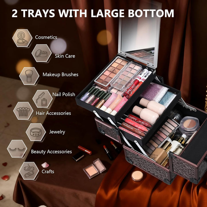 Kosmetikkoffer Schminkkoffer Leer Make up Koffer mit Spiegel Abschliessbare Beauty Case Nagelkoffer