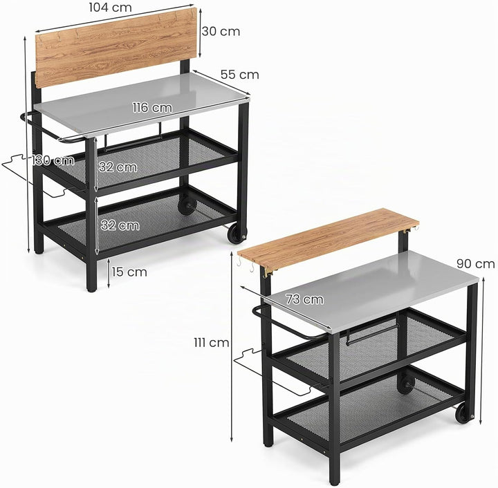 KOMFOTTEU Grillwagen mit klappbarer Tischplatte, Outdoor Servierwagen mit Haken, Handtuchhalter, Mül