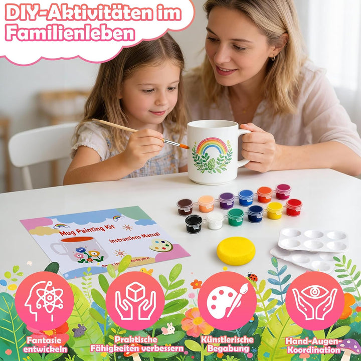 Keramik Bemalen Set für Erwachsene, Tassenmalset zum Selbermachen für Anfänger mit 2 Tassen, Pinsel,