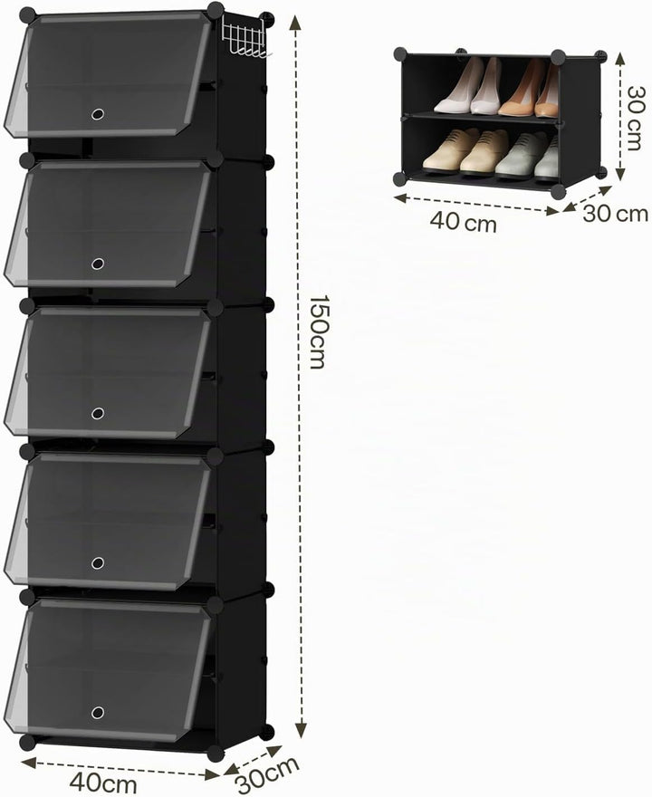 WOLTU Schuhregal, Schuhschrank mit 10 Fächern, Platzsparend, Mit Haken, Schuhablage Kunststoff, für