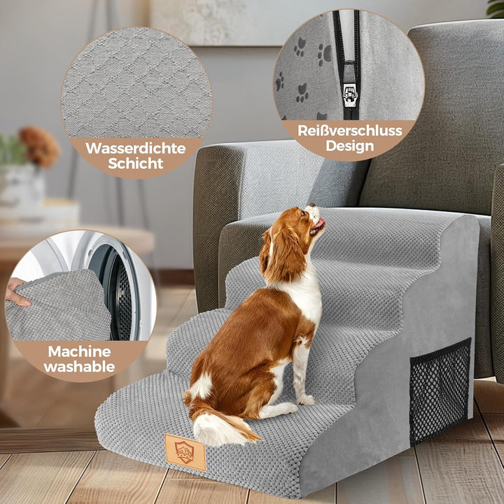 MASTERTOP Hundetreppe 4 Stufen, Hunderampe für Sofa aus Hochdichtem Schaumstoff, Haustiertreppe mit