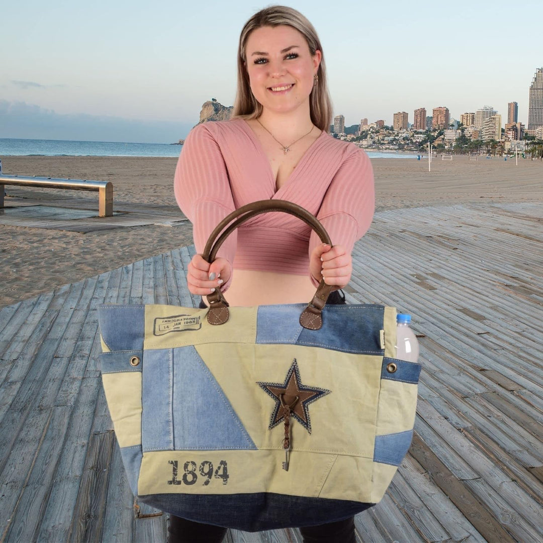 Sunsa Damen Handtasche. XXL Tasche aus Canvas recycelte Jeans & Leder. Nachhaltige Strandtasche/Week