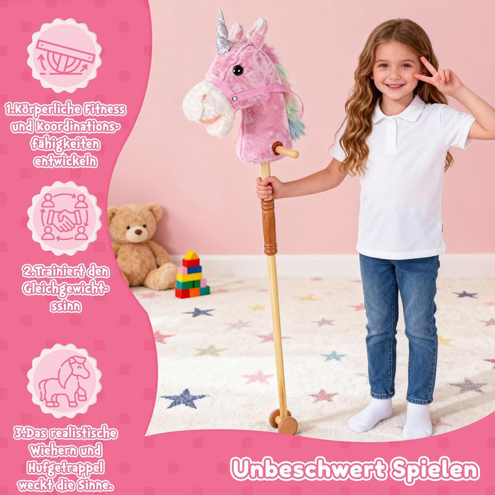 IEEILULU Hobby Horse, Steckenpferd Kinder Rosa, Holzpferd für Draussen mit Hobby Horse Trense, Räder