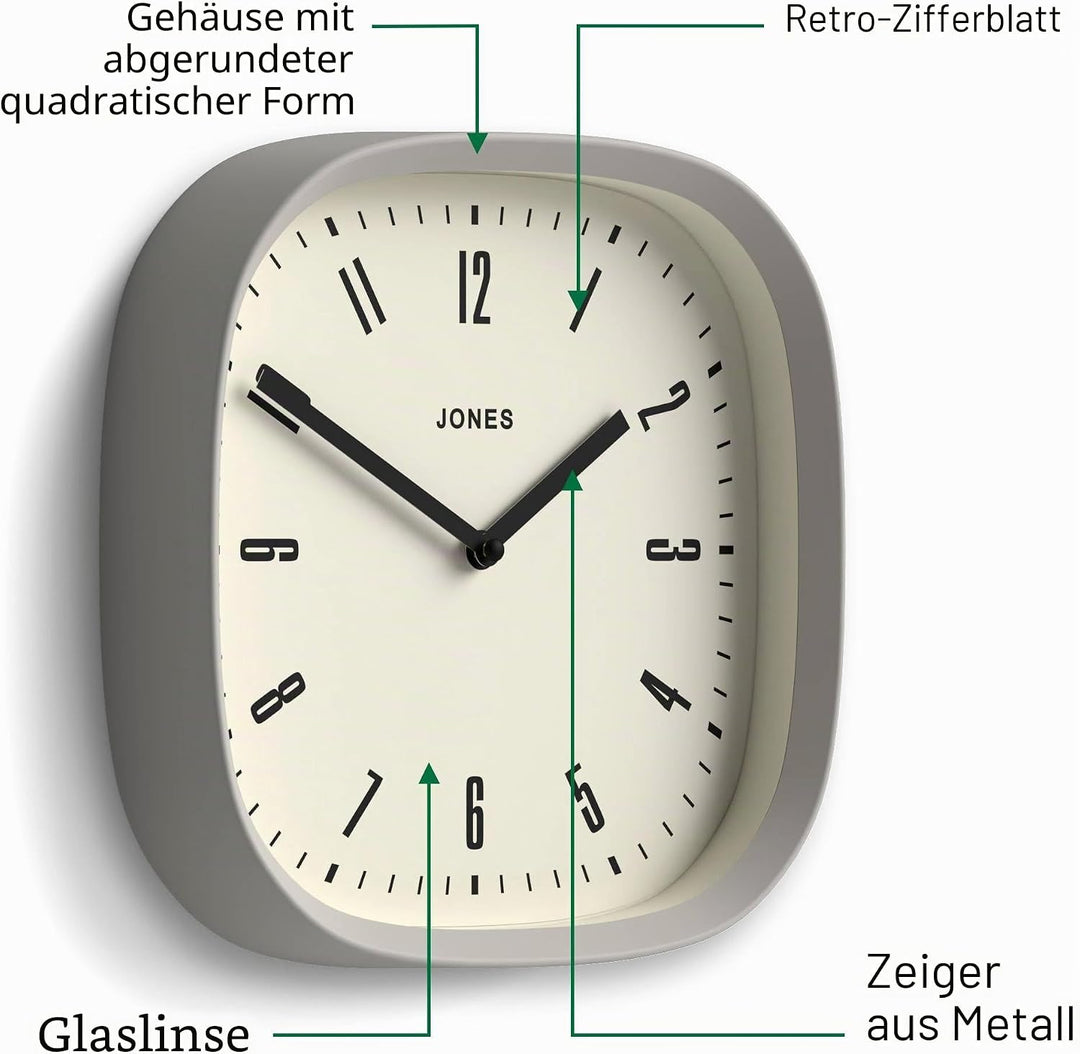 JONES CLOCKS® Marvel Wanduhr | Retro abgerundete quadratische Uhr | 25cm | Grau | Cooler Designer-Lo