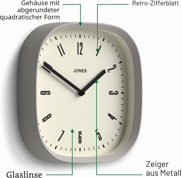 JONES CLOCKS® Marvel Wanduhr | Retro abgerundete quadratische Uhr | 25cm | Grau | Cooler Designer-Lo