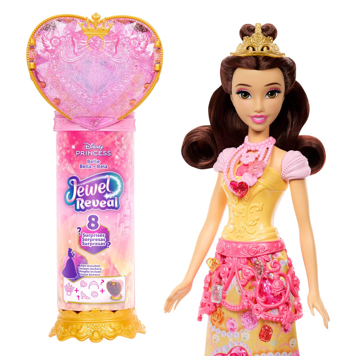 Mattel Disney Princess Belle Modepuppe und Zubehörteile mit 8 Überraschungen, darunter herzförmige J