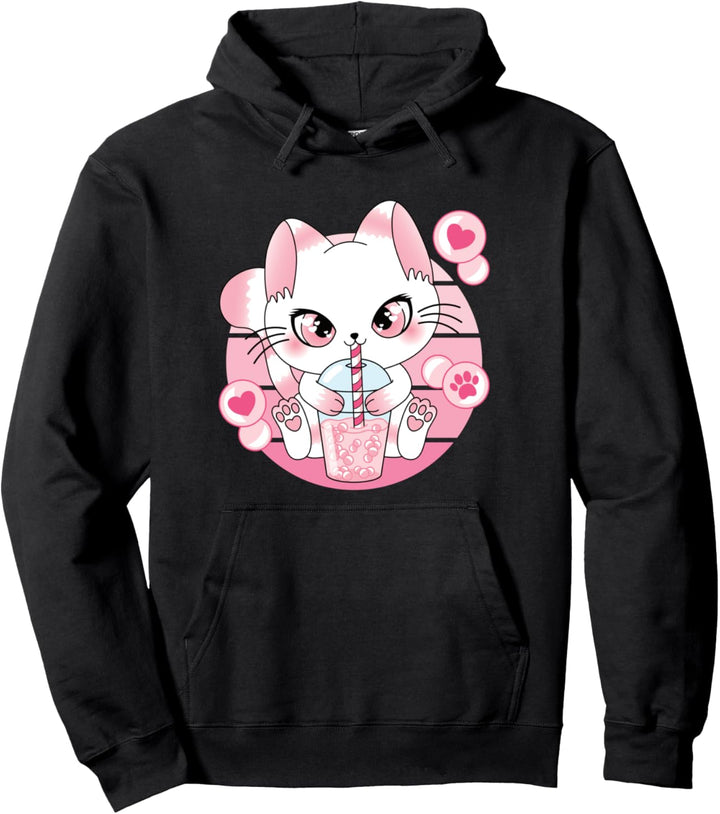 Süsse Japanische Anime Kawaii Bubble Tea Katze Rosa Boba Tea Pullover Hoodie
