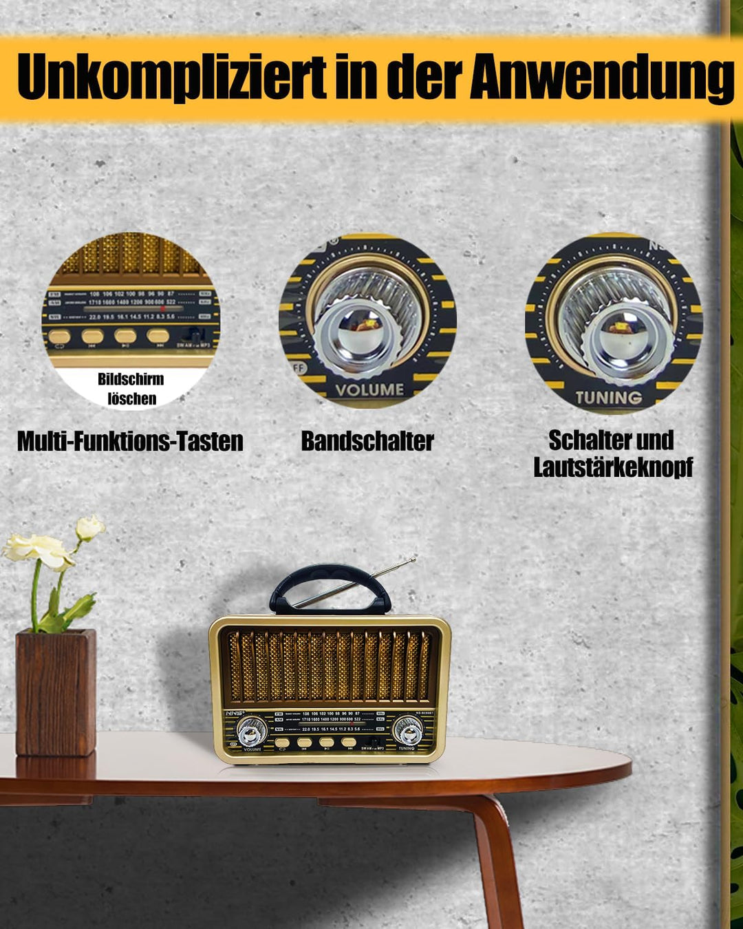 Retro Radio mit Bluetooth, AM/SW/FM Tragbares Radio Klein, UKW Radio Batteriebetrieben Unterstützung