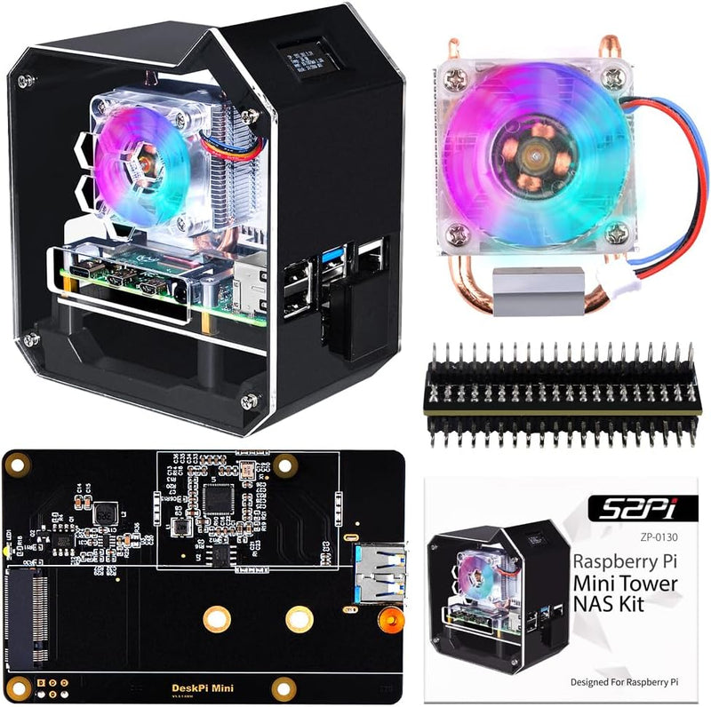 GeeekPi Raspberry Pi Mini Tower NAS Kit, Raspberry Pi Ice Tower Kühler mit PWM RGB Lüfter, M.2 SATA