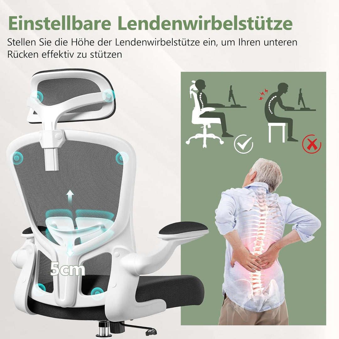 FelixKing Ergonomischer Bürostuhl, verstellbare Lendenwirbelstütze, Drehstuhl, 3D-Kopfstütze und kla