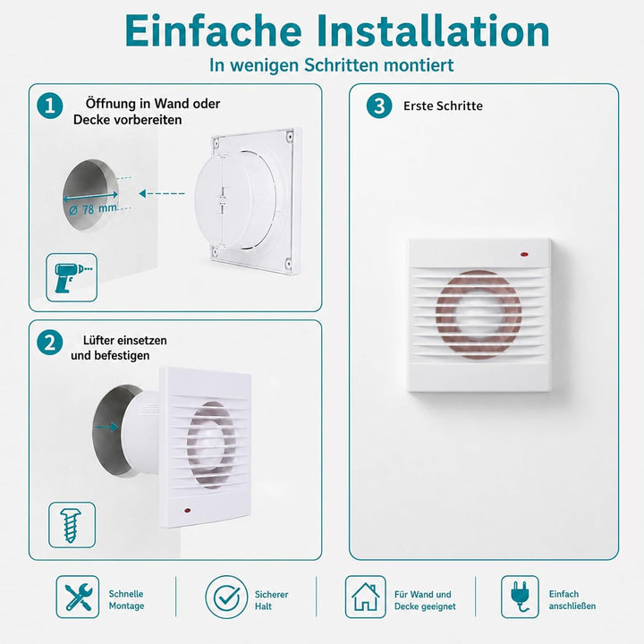 Badlüfter 100mm, 142m³/h Abluftventilator Küche, Badlüfter mit Rückstauklappe, 1.5m EU-Netzkabel für